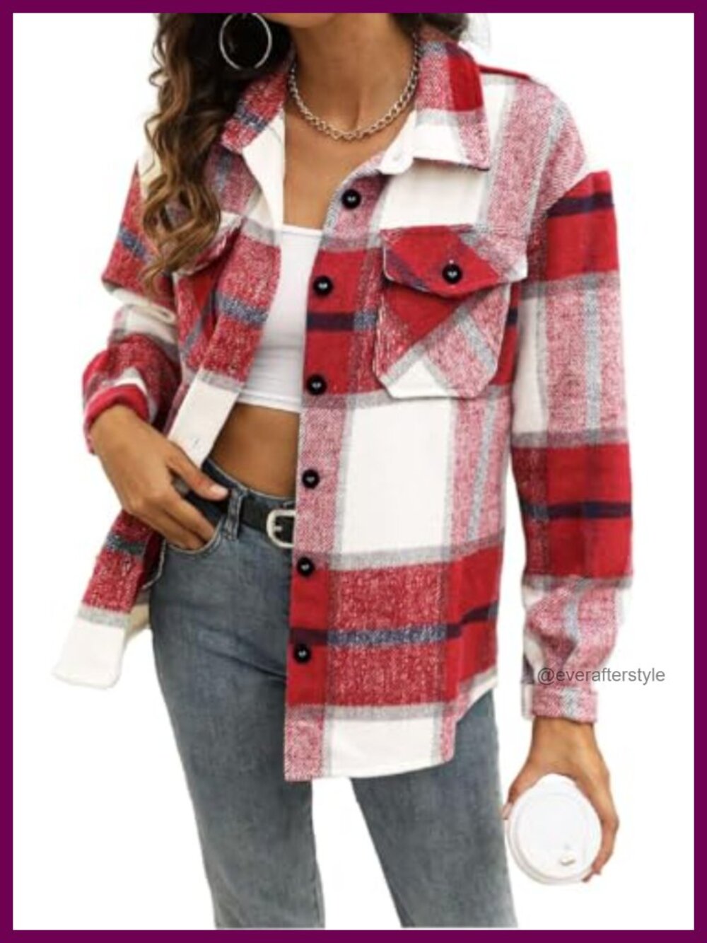 Plaid Button Down Shacket Fuzzy Midweight Long Sleeve Collared